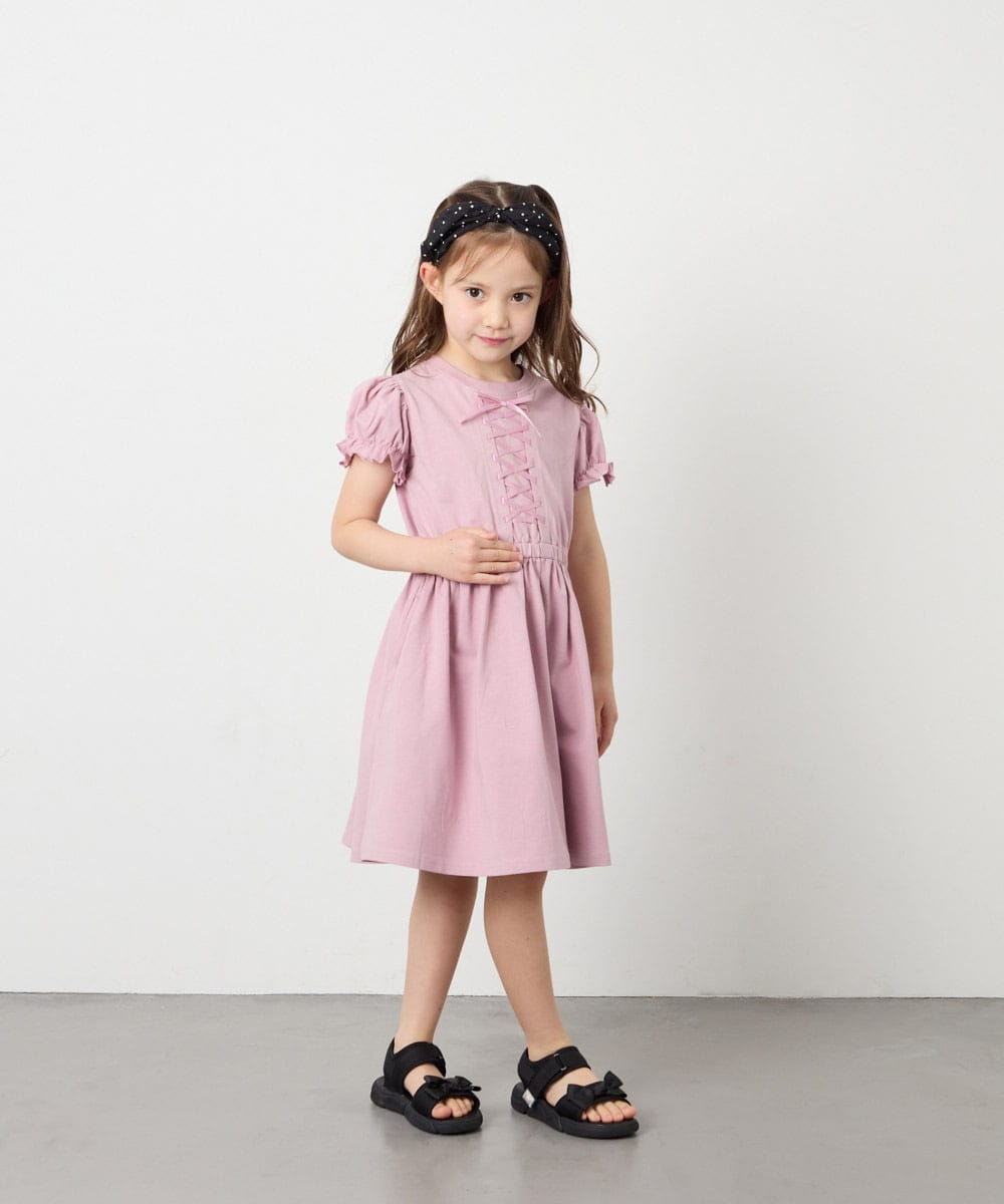 KJPGD01034 a.v.v KIDS(アー・ヴェ・ヴェ) [120-160]【接触冷感/毛玉になりにくい】レースアップフレアワンピース ピンク