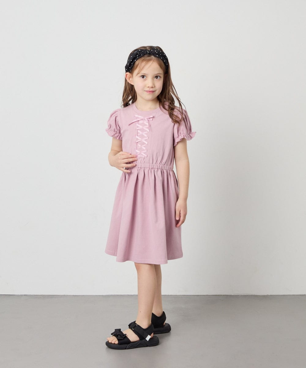 KJPGD01034 a.v.v KIDS(アー・ヴェ・ヴェ) [120-160]【接触冷感/毛玉になりにくい】レースアップフレアワンピース ピンク