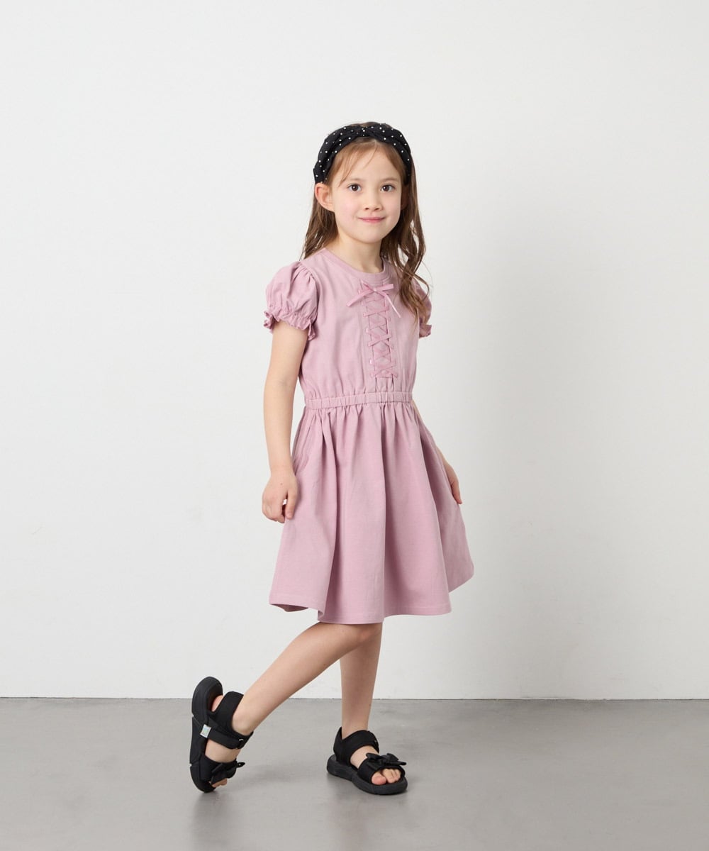 KJPGD01034 a.v.v KIDS(アー・ヴェ・ヴェ) [120-160]【接触冷感/毛玉になりにくい】レースアップフレアワンピース ピンク