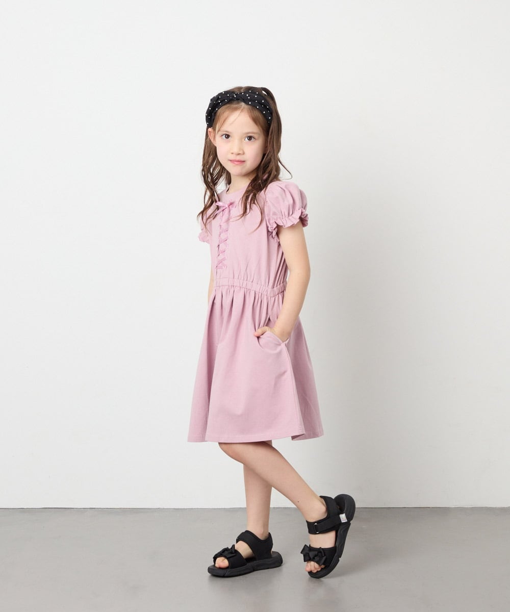 KJPGD01034 a.v.v KIDS(アー・ヴェ・ヴェ) [120-160]【接触冷感/毛玉になりにくい】レースアップフレアワンピース ピンク