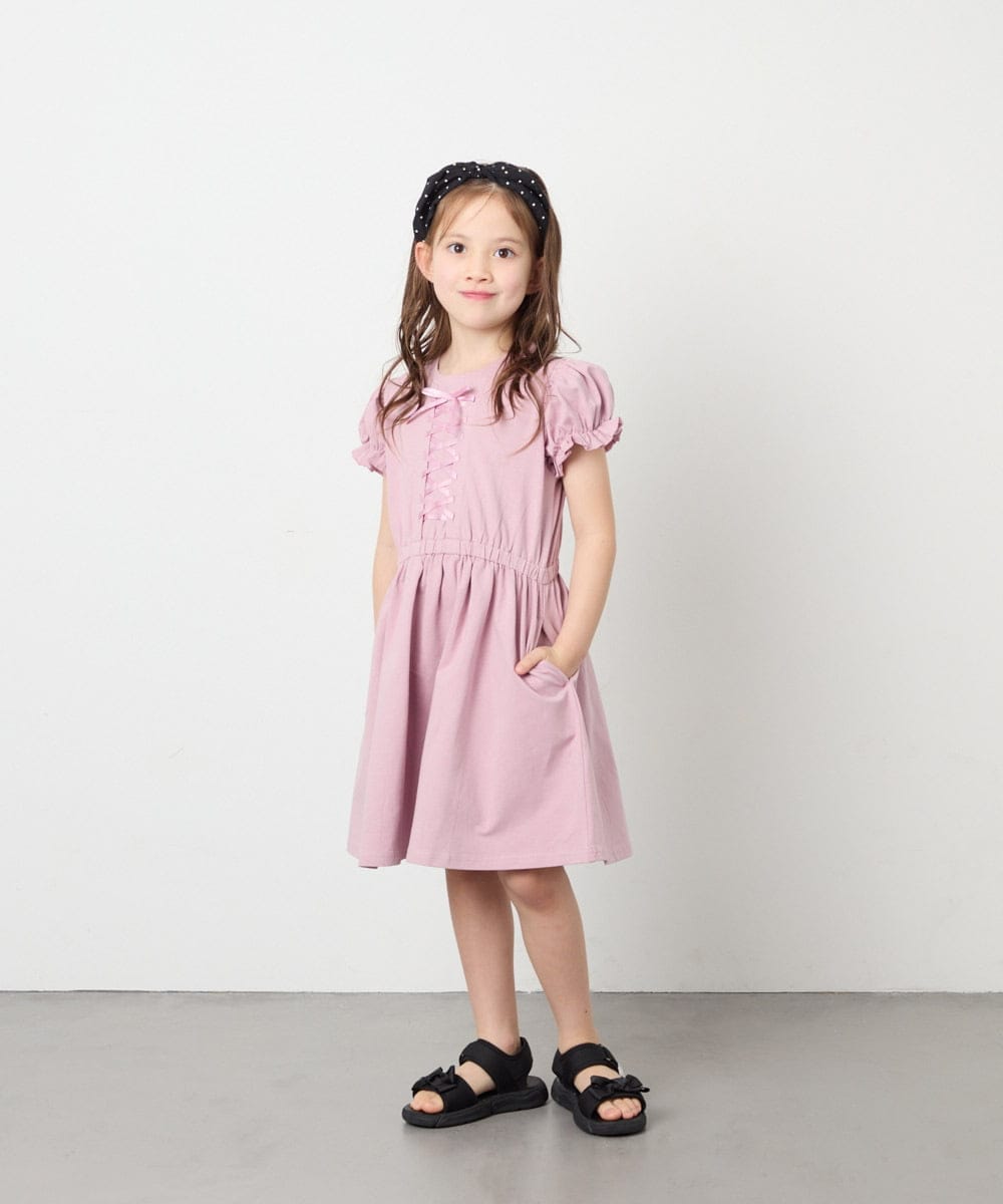 KJPGD01034 a.v.v KIDS(アー・ヴェ・ヴェ) [120-160]【接触冷感/毛玉になりにくい】レースアップフレアワンピース ピンク
