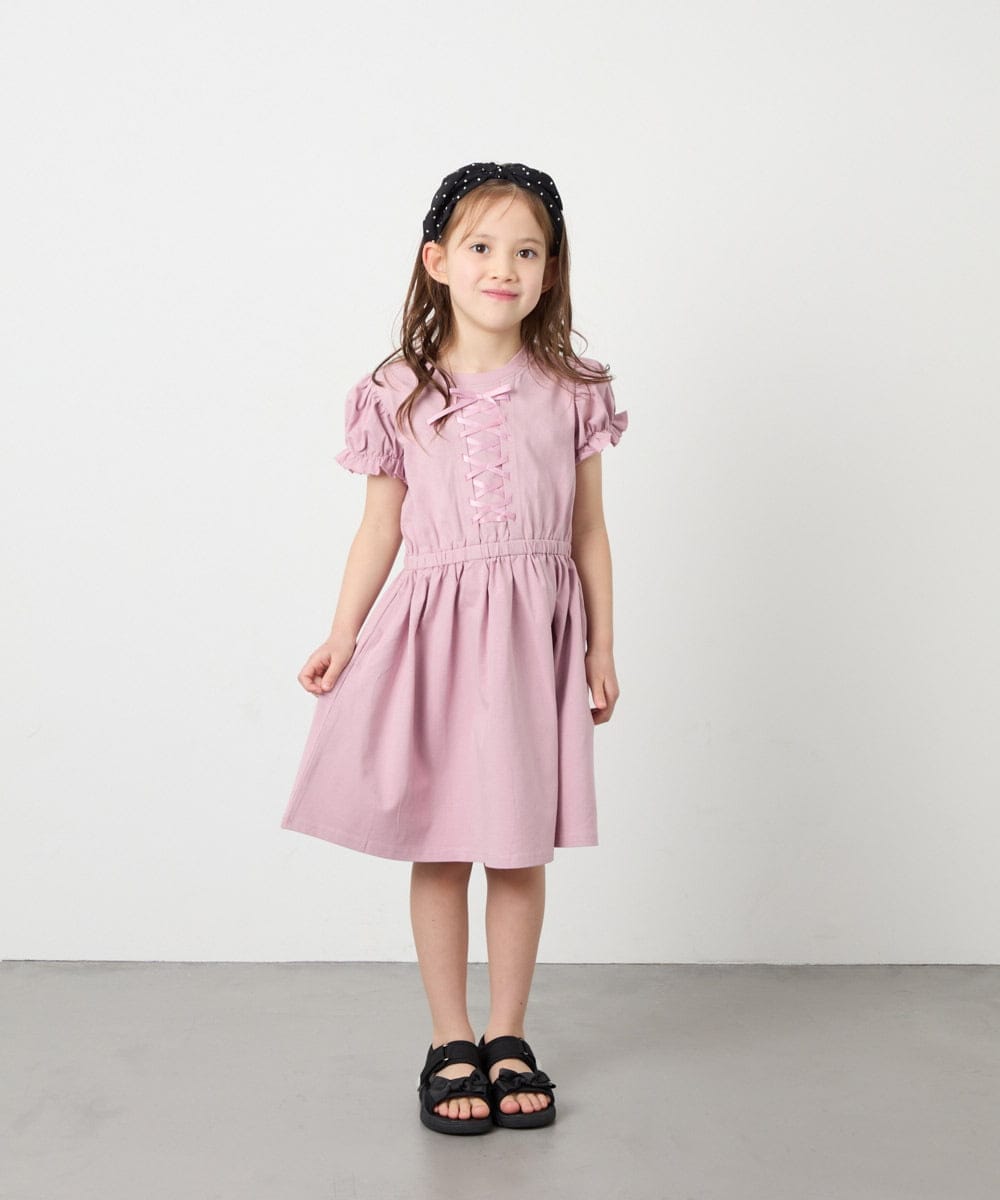 KJPGD01034 a.v.v KIDS(アー・ヴェ・ヴェ) [120-160]【接触冷感/毛玉になりにくい】レースアップフレアワンピース ピンク