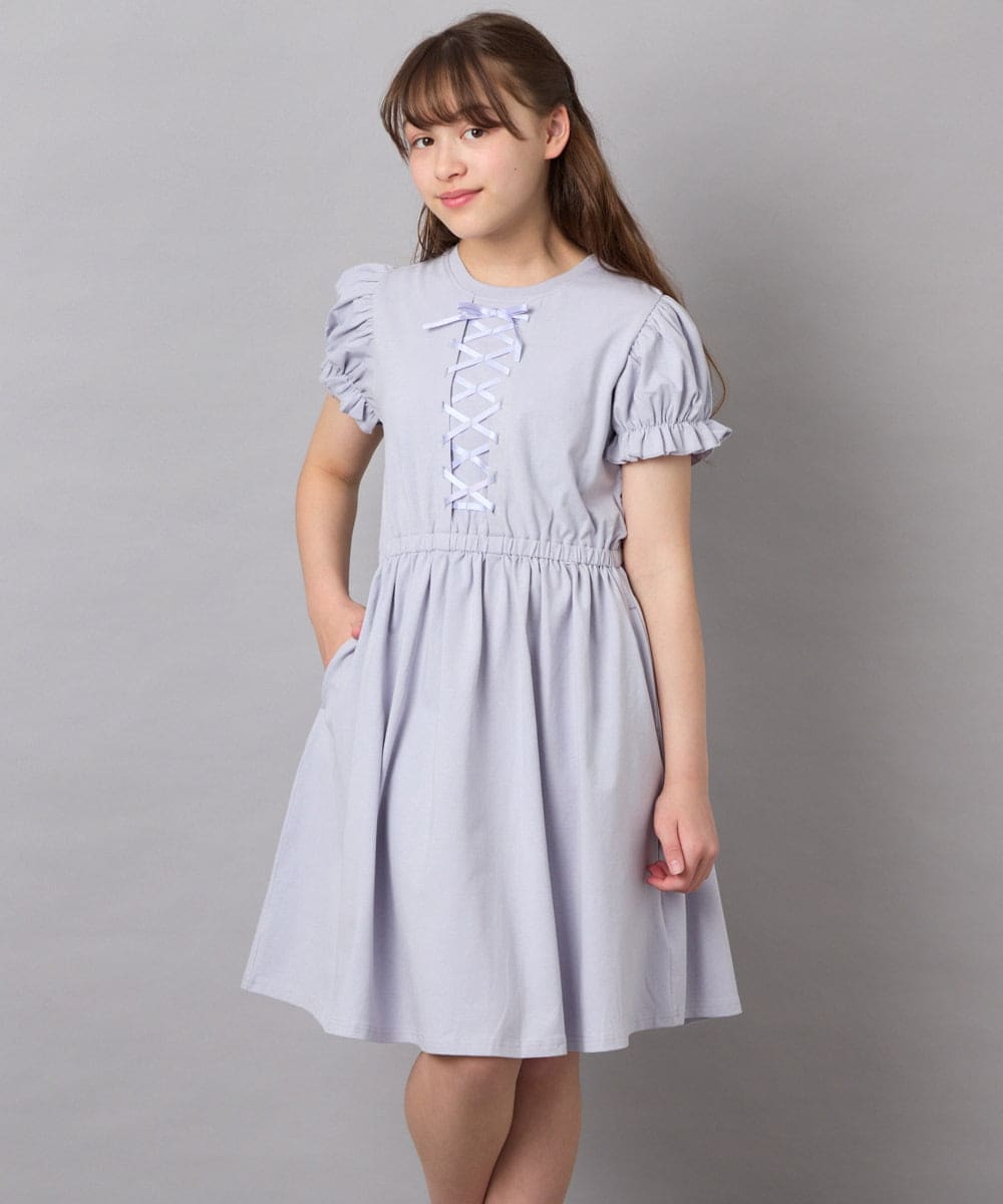 KJPGD01034 a.v.v KIDS(アー・ヴェ・ヴェ) [120-160]【接触冷感/毛玉になりにくい】レースアップフレアワンピース ライトブルー