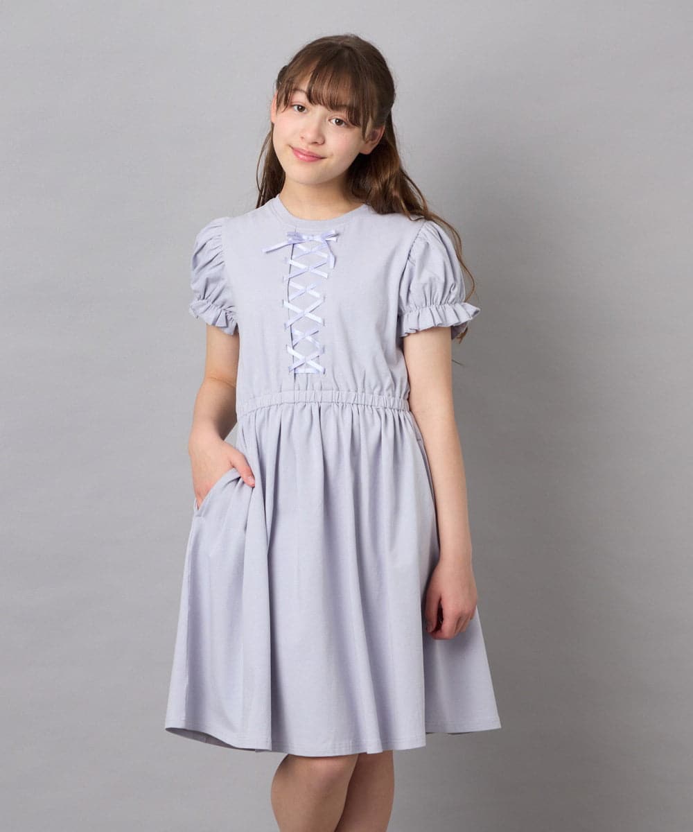 KJPGD01034 a.v.v KIDS(アー・ヴェ・ヴェ) [120-160]【接触冷感/毛玉になりにくい】レースアップフレアワンピース ライトブルー