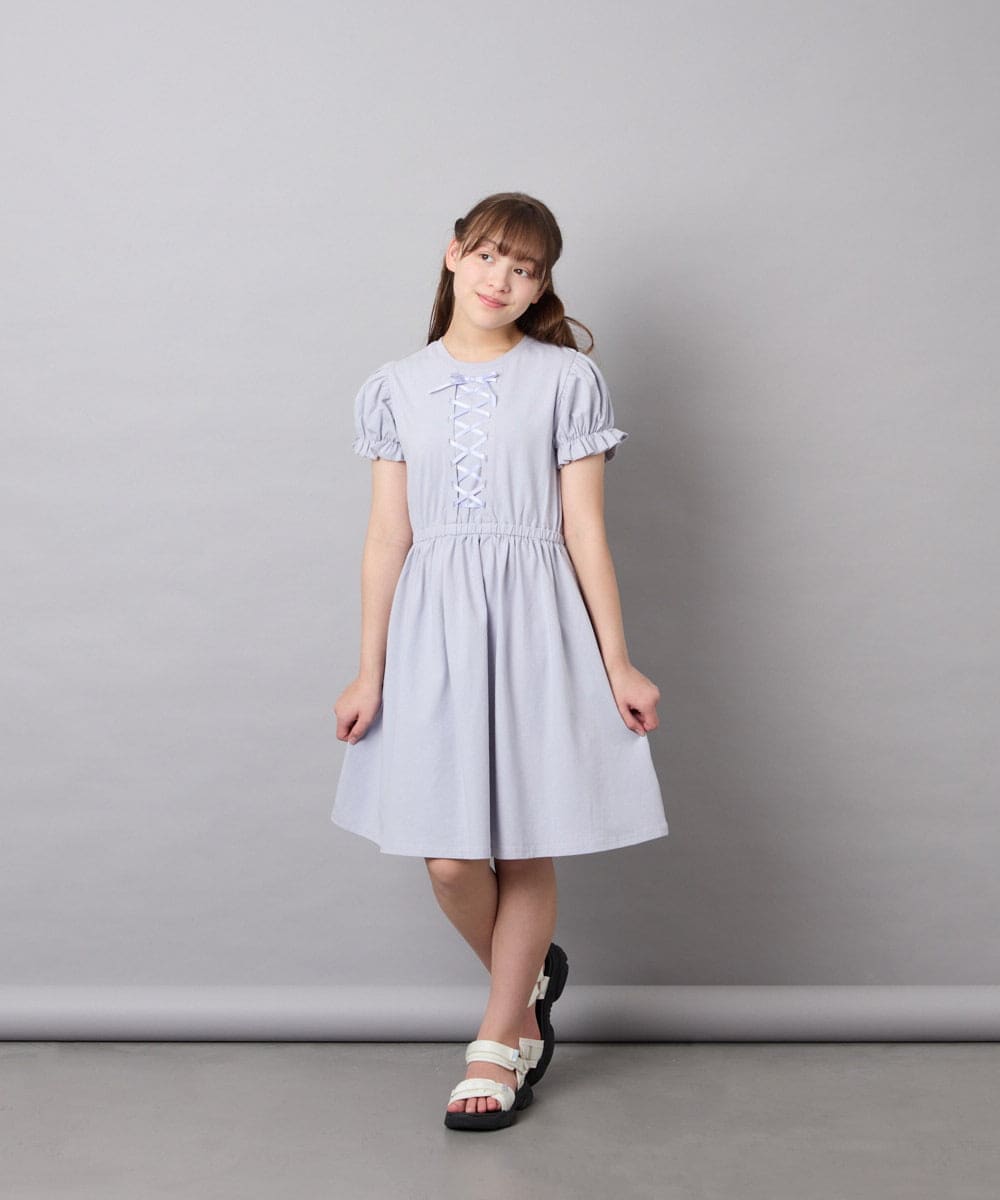 KJPGD01034 a.v.v KIDS(アー・ヴェ・ヴェ) [120-160]【接触冷感/毛玉になりにくい】レースアップフレアワンピース ライトブルー