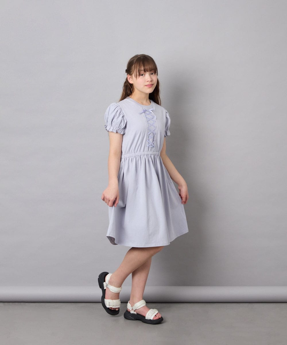 KJPGD01034 a.v.v KIDS(アー・ヴェ・ヴェ) [120-160]【接触冷感/毛玉になりにくい】レースアップフレアワンピース ライトブルー