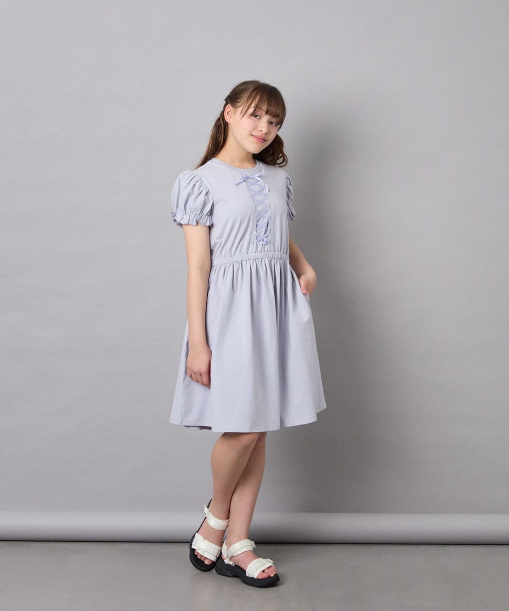 KJPGD01034 a.v.v KIDS(アー・ヴェ・ヴェ) [120-160]【接触冷感/毛玉になりにくい】レースアップフレアワンピース ライトブルー
