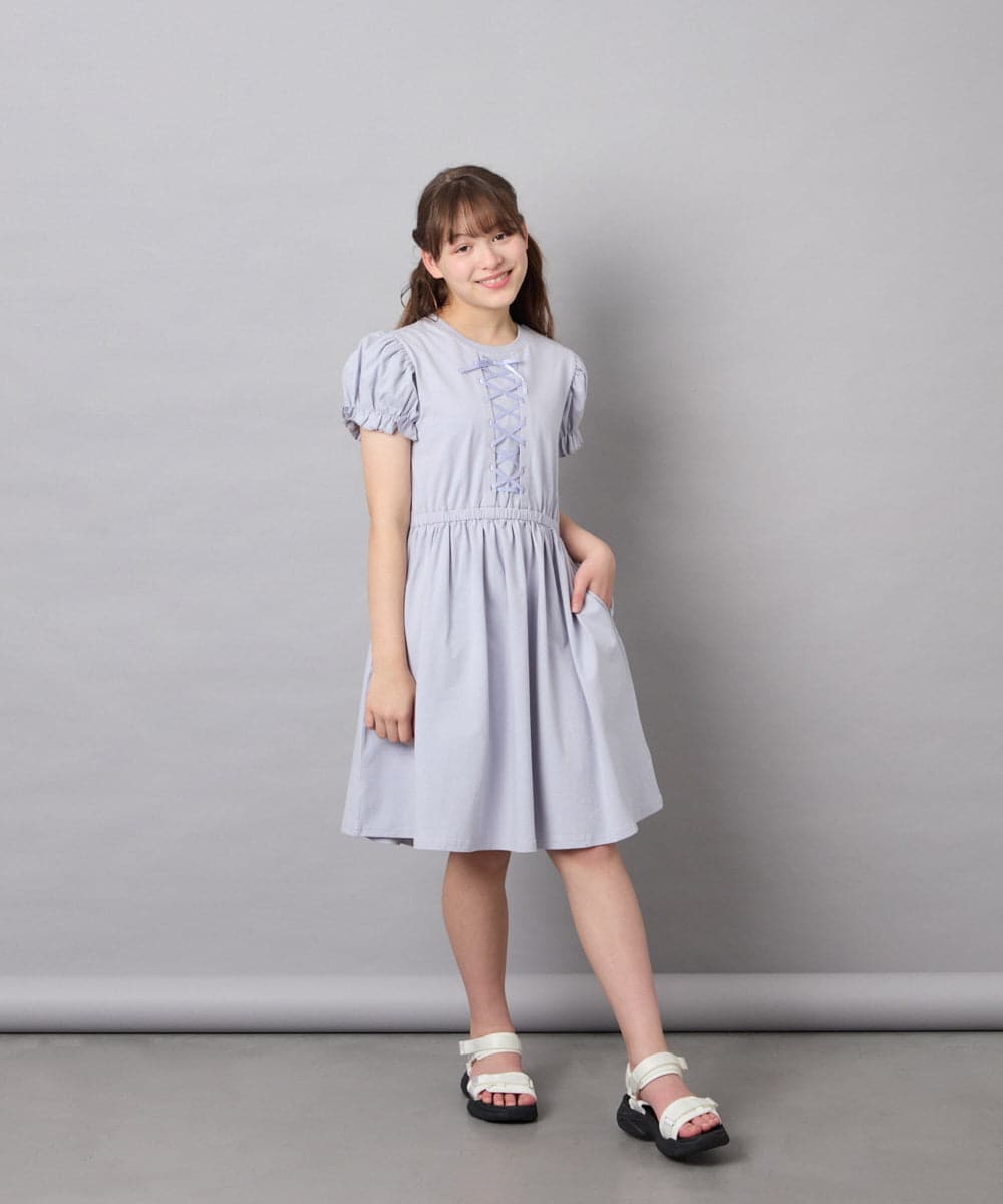 KJPGD01034 a.v.v KIDS(アー・ヴェ・ヴェ) [120-160]【接触冷感/毛玉になりにくい】レースアップフレアワンピース ライトブルー