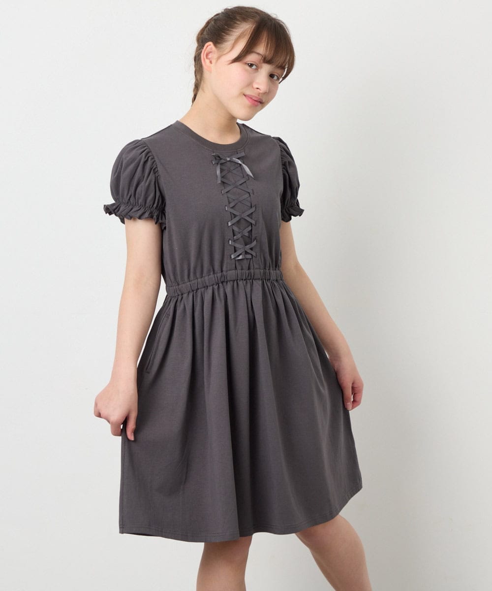 KJPGD01034 a.v.v KIDS(アー・ヴェ・ヴェ) [120-160]【接触冷感/毛玉になりにくい】レースアップフレアワンピース ダークグレー