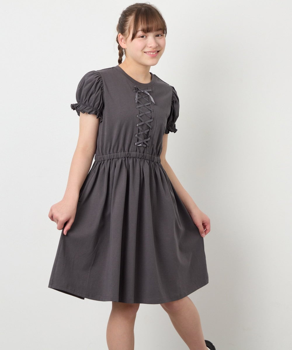 KJPGD01034 a.v.v KIDS(アー・ヴェ・ヴェ) [120-160]【接触冷感/毛玉になりにくい】レースアップフレアワンピース ダークグレー