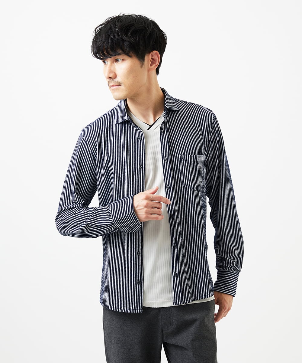 MKBDA65120 MK MICHEL KLEIN HOMME(MKミッシェルクランオム) 【ストレッチ／イージーケア】サッカー織りシャツ ネイビー