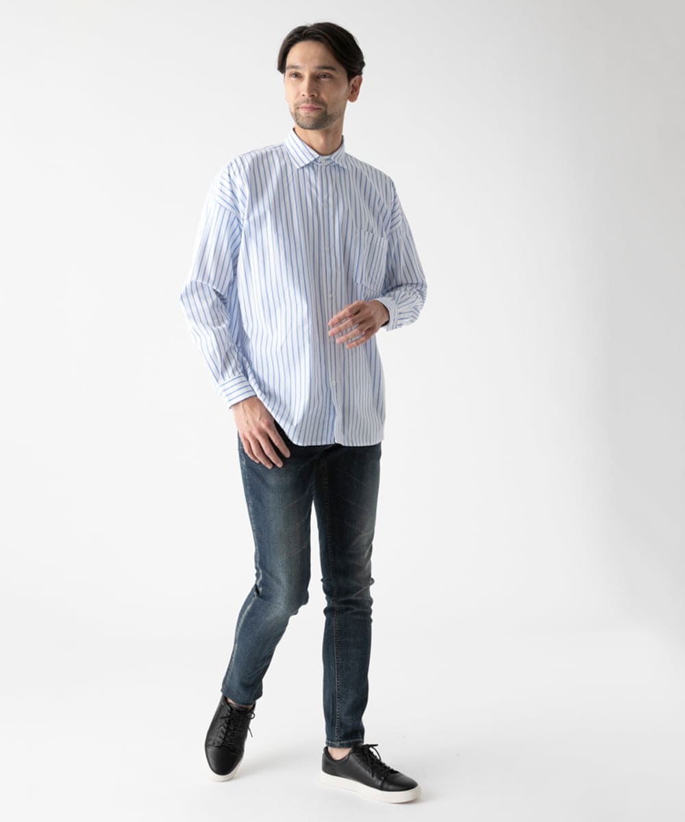 MKBGC83090 MK MICHEL KLEIN HOMME(MKミッシェルクランオム) 【リラックスシルエット/フリーサイズ】ストライプ長袖 ライトブルー