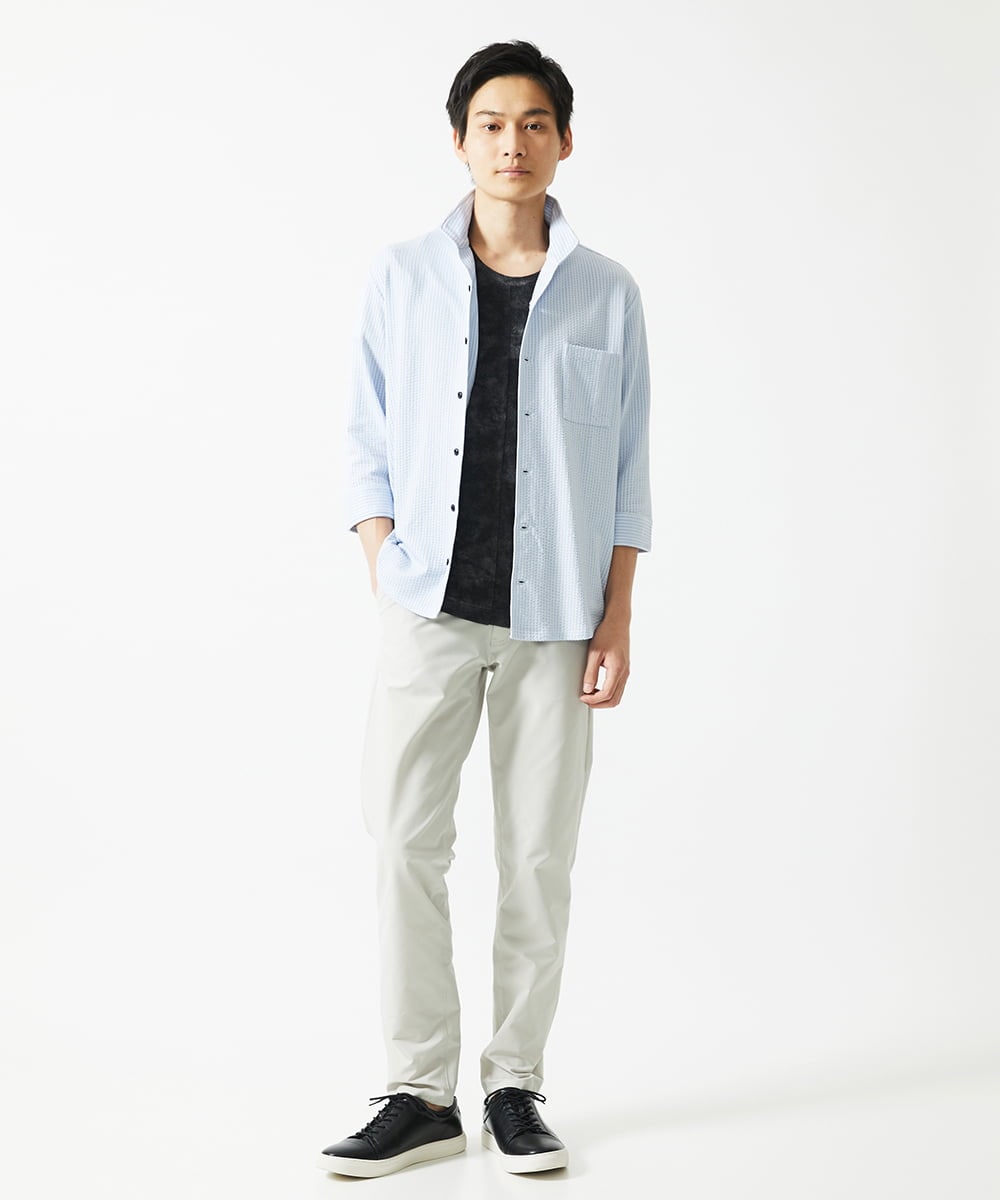 MKBHC32130 MK MICHEL KLEIN HOMME(MKミッシェルクランオム) 【７分袖/洗える】スタンドカラーシャツ / ストライプサッカー　 ライトブルー
