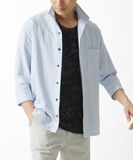 MKBHC32130 MK MICHEL KLEIN HOMME(MKミッシェルクランオム) 【７分袖/洗える】スタンドカラーシャツ / ストライプサッカー　 ライトブルー
