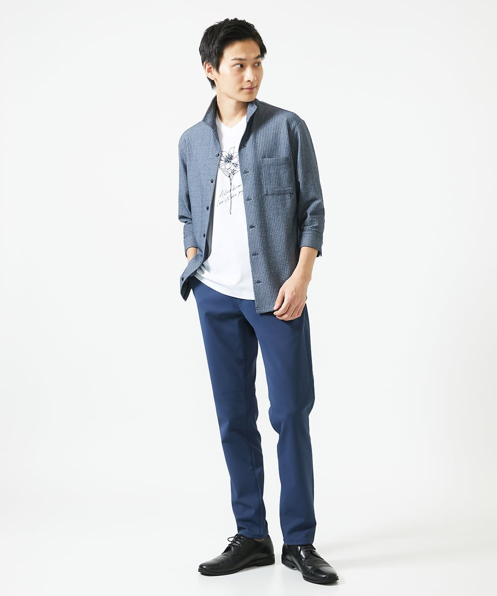 MKBHC32130 MK MICHEL KLEIN HOMME(MKミッシェルクランオム) 【７分袖/洗える】スタンドカラーシャツ / ストライプサッカー　 ブルー