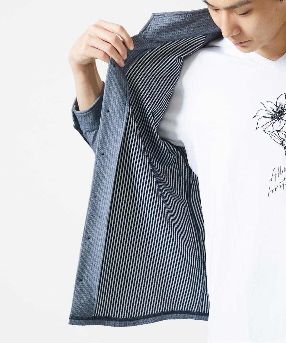 MKBHC32130 MK MICHEL KLEIN HOMME(MKミッシェルクランオム) 【７分袖/洗える】スタンドカラーシャツ / ストライプサッカー　 ブルー