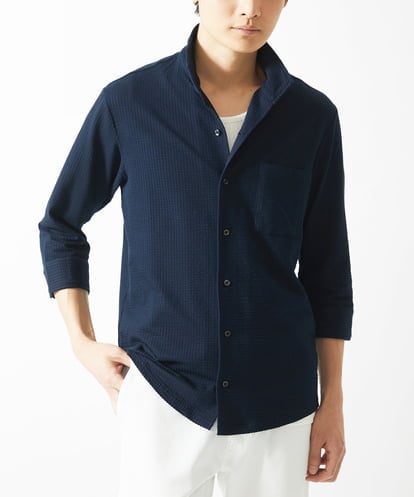 MKBHC32130 MK MICHEL KLEIN HOMME 【７分袖/洗える】スタンドカラーシャツ / ストライプサッカー　
