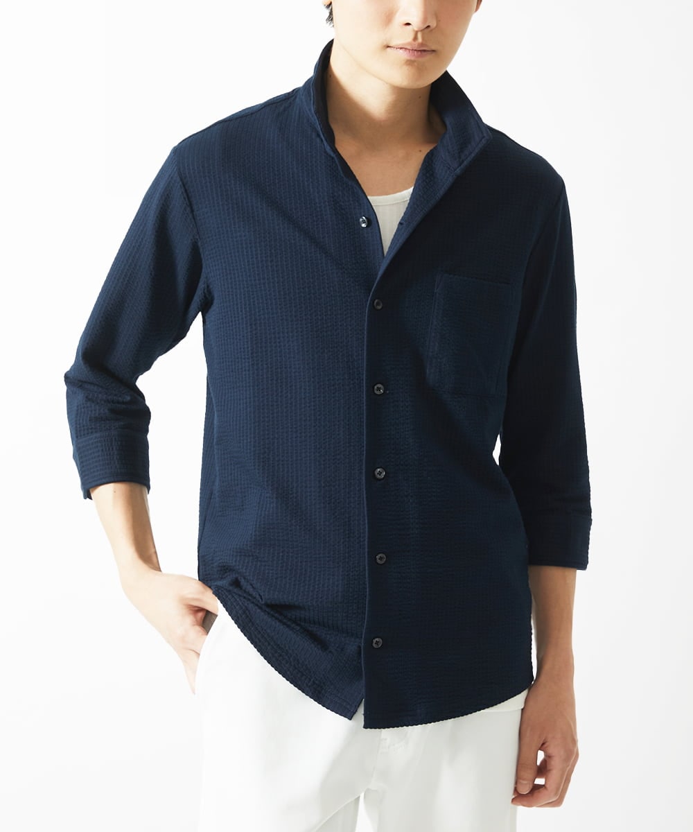 MKBHC32130 MK MICHEL KLEIN HOMME(MKミッシェルクランオム) 【７分袖/洗える】スタンドカラーシャツ / ストライプサッカー　 ネイビー