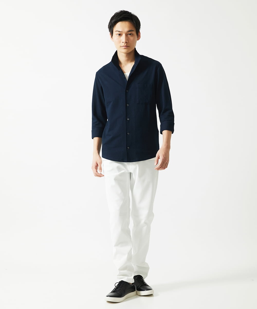 MKBHC32130 MK MICHEL KLEIN HOMME(MKミッシェルクランオム) 【７分袖/洗える】スタンドカラーシャツ / ストライプサッカー　 ネイビー