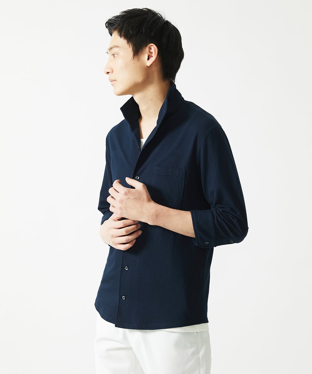 MKBHC32130 MK MICHEL KLEIN HOMME(MKミッシェルクランオム) 【７分袖/洗える】スタンドカラーシャツ / ストライプサッカー　 ネイビー