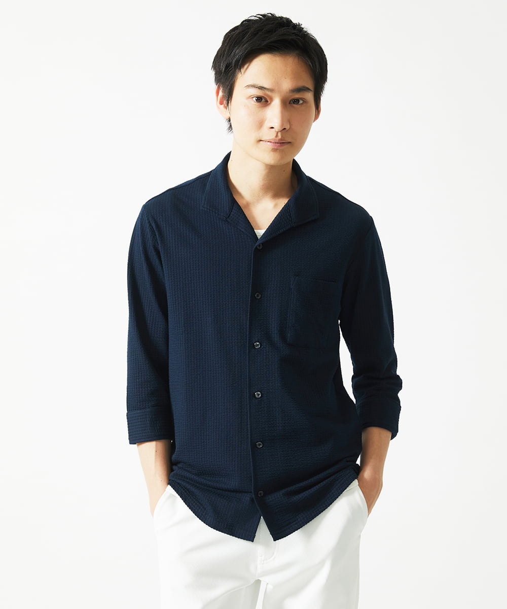 MKBHC32130 MK MICHEL KLEIN HOMME(MKミッシェルクランオム) 【７分袖/洗える】スタンドカラーシャツ / ストライプサッカー　 ネイビー