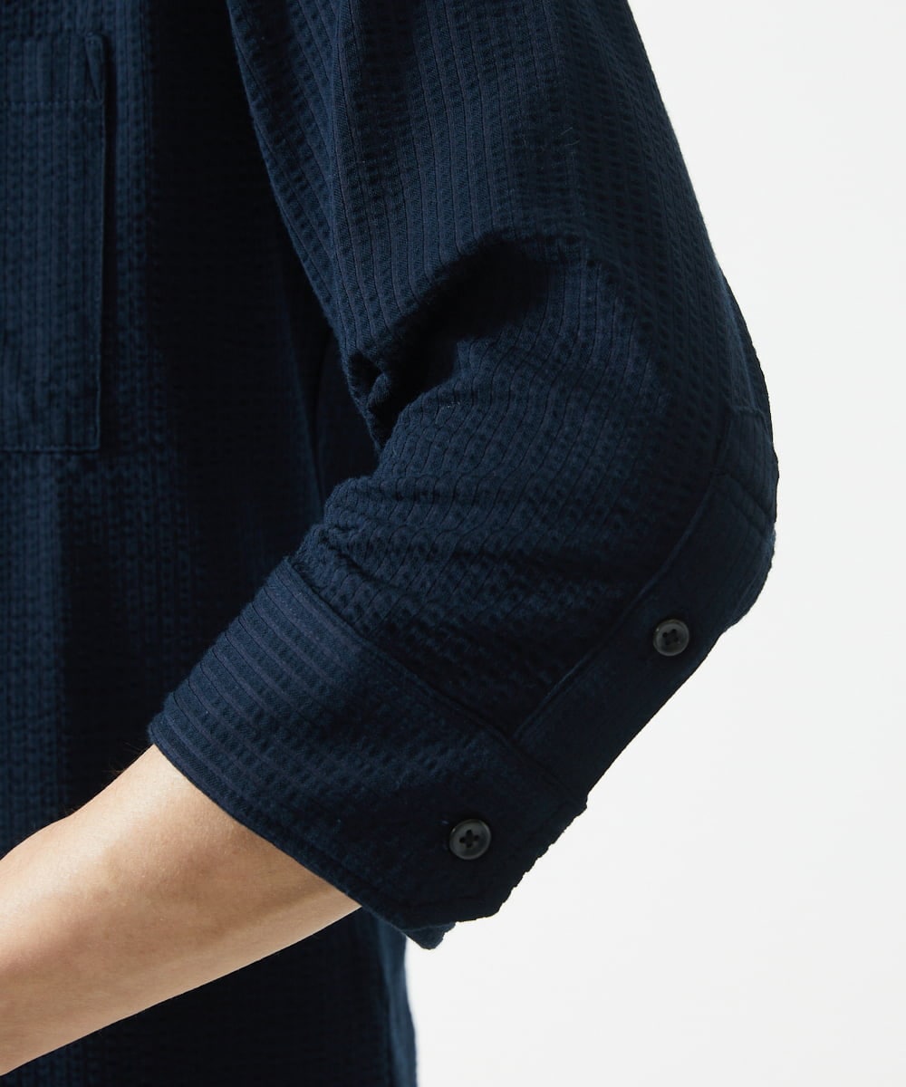 MKBHC32130 MK MICHEL KLEIN HOMME(MKミッシェルクランオム) 【７分袖/洗える】スタンドカラーシャツ / ストライプサッカー　 ネイビー