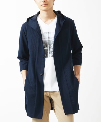 MKCGC32130 MK MICHEL KLEIN HOMME 【残りわずか/ゆったりサイズ／洗える】サッカーストライプフードカーディガン