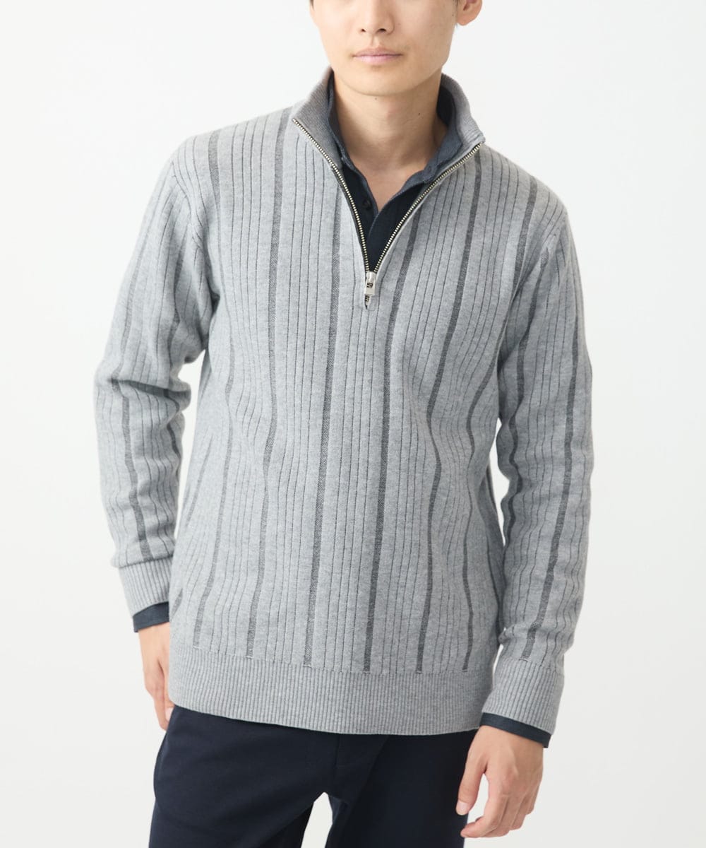 MKFAC23110 MK MICHEL KLEIN HOMME(MKミッシェルクランオム) ハーフジップニット/REポリエステルストライプタック ライトグレー