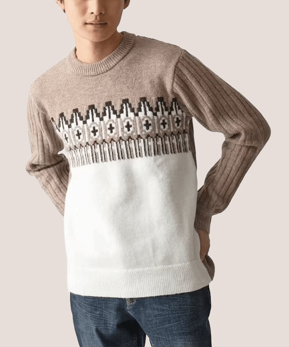 MKFAC37089 MK MICHEL KLEIN HOMME(MKミッシェルクランオム) 【在庫限り！/洗える】MKHフェアアイルジャガードニット ベージュ