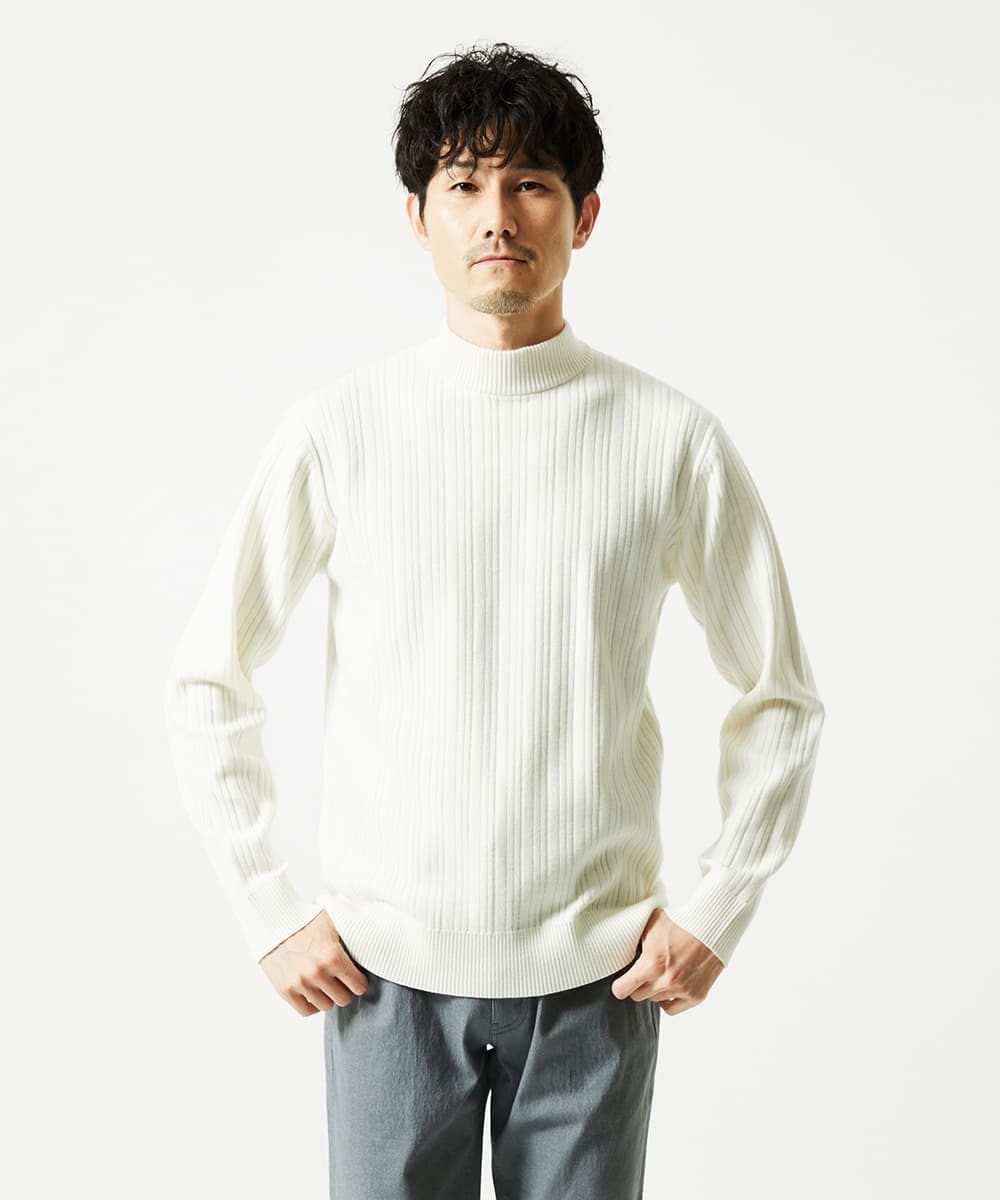 MKFAD61099 MK MICHEL KLEIN HOMME(MKミッシェルクランオム) 【洗濯機で洗える】モックネックニット / ランダムタックストライプ ホワイト