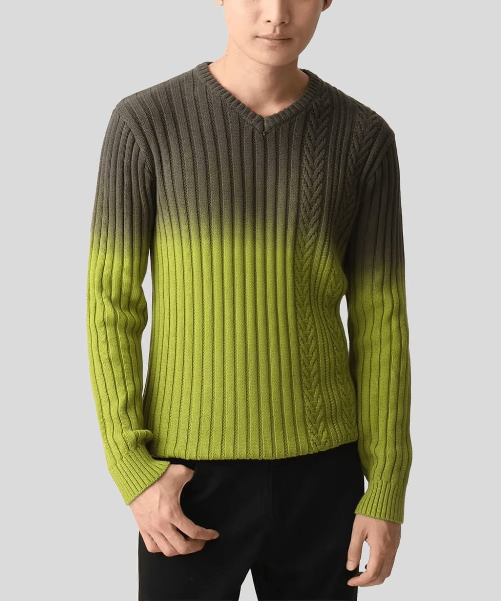 MKFDC40110 MK MICHEL KLEIN HOMME(MKミッシェルクランオム) 【在庫限り！/秋・春着用可能/洗える/コットン糸】Vネックニット/グラデーションケーブル カーキ