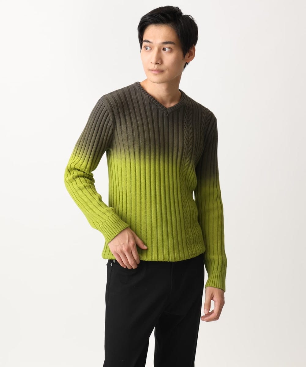 MKFDC40110 MK MICHEL KLEIN HOMME(MKミッシェルクランオム) 【在庫限り！/秋・春着用可能/洗える/コットン糸】Vネックニット/グラデーションケーブル ブルー
