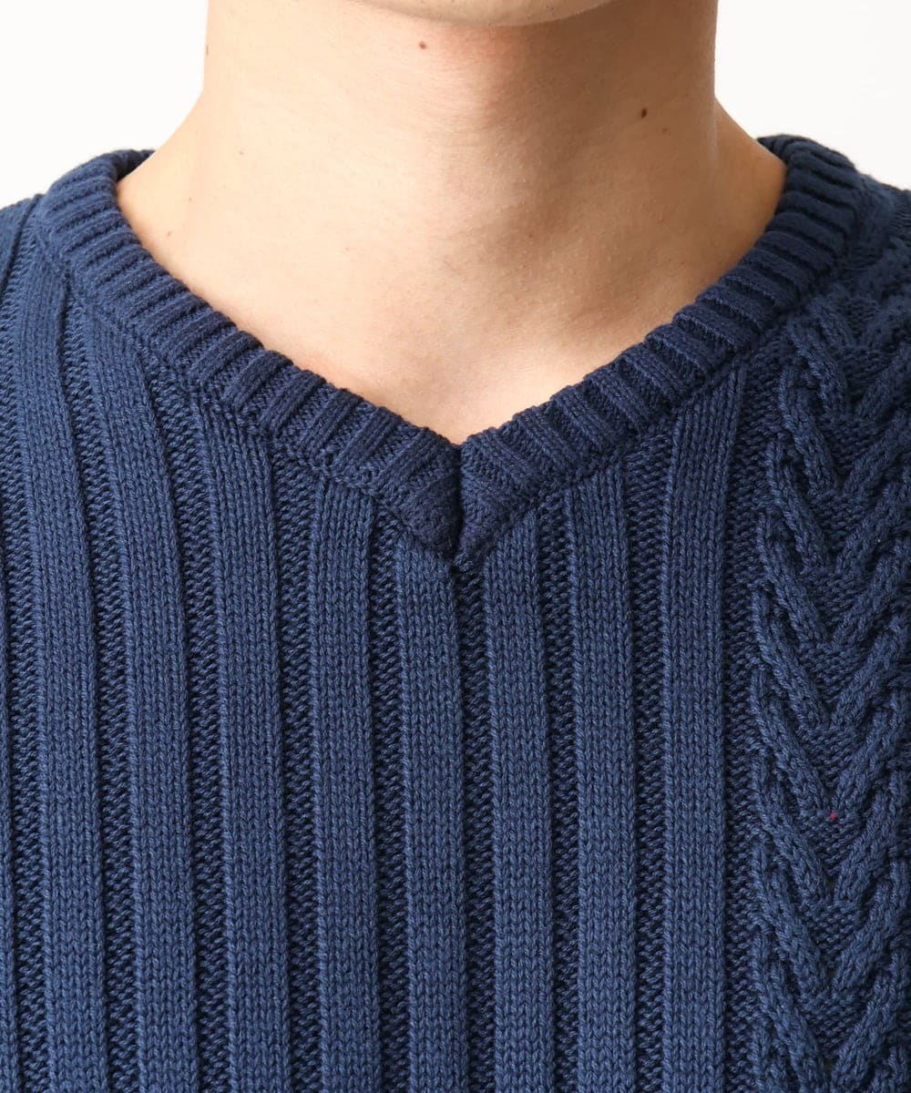 MKFDC40110 MK MICHEL KLEIN HOMME(MKミッシェルクランオム) 【在庫限り！/秋・春着用可能/洗える/コットン糸】Vネックニット/グラデーションケーブル ブルー