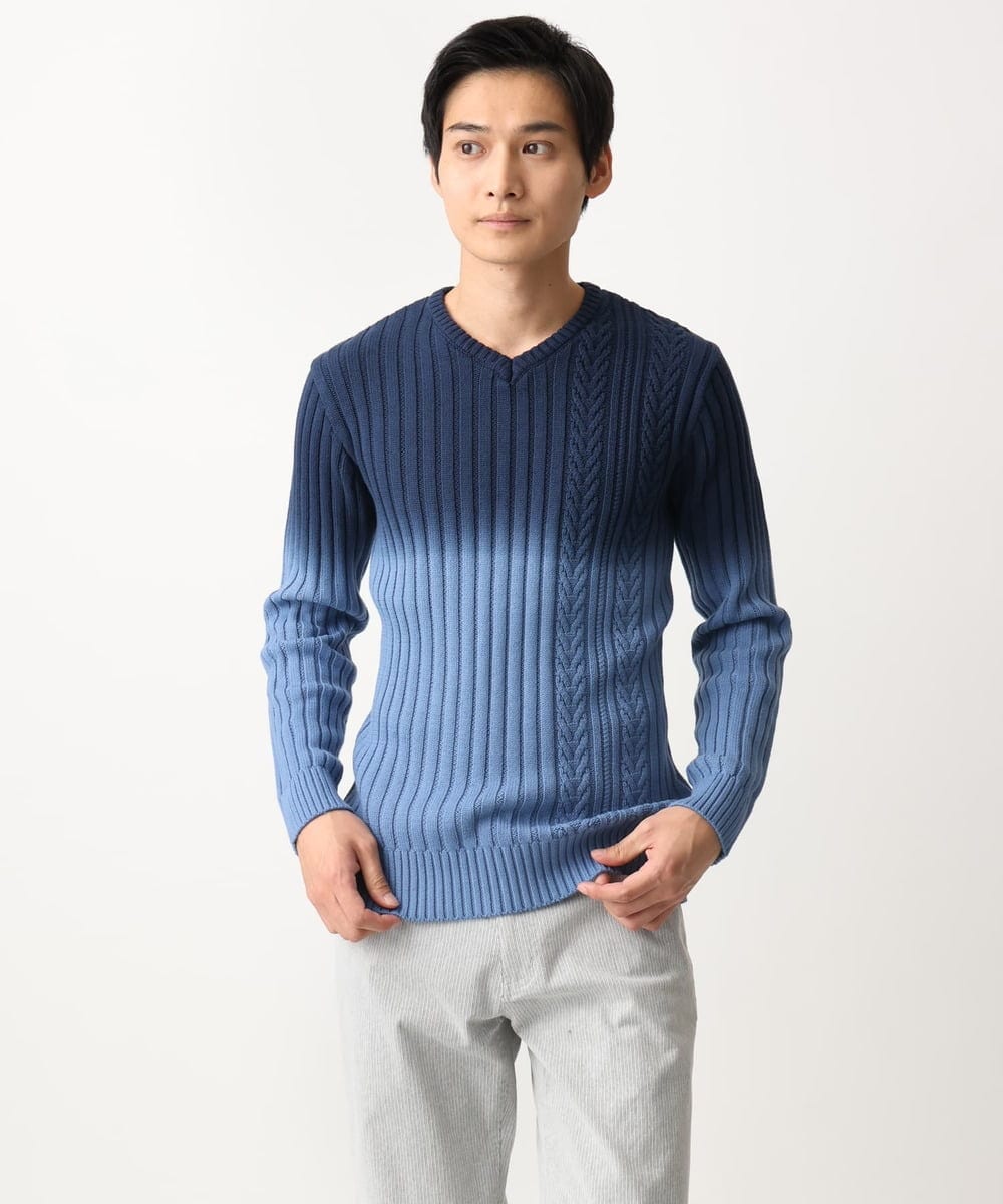 MKFDC40110 MK MICHEL KLEIN HOMME(MKミッシェルクランオム) 【在庫限り！/秋・春着用可能/洗える/コットン糸】Vネックニット/グラデーションケーブル ブルー