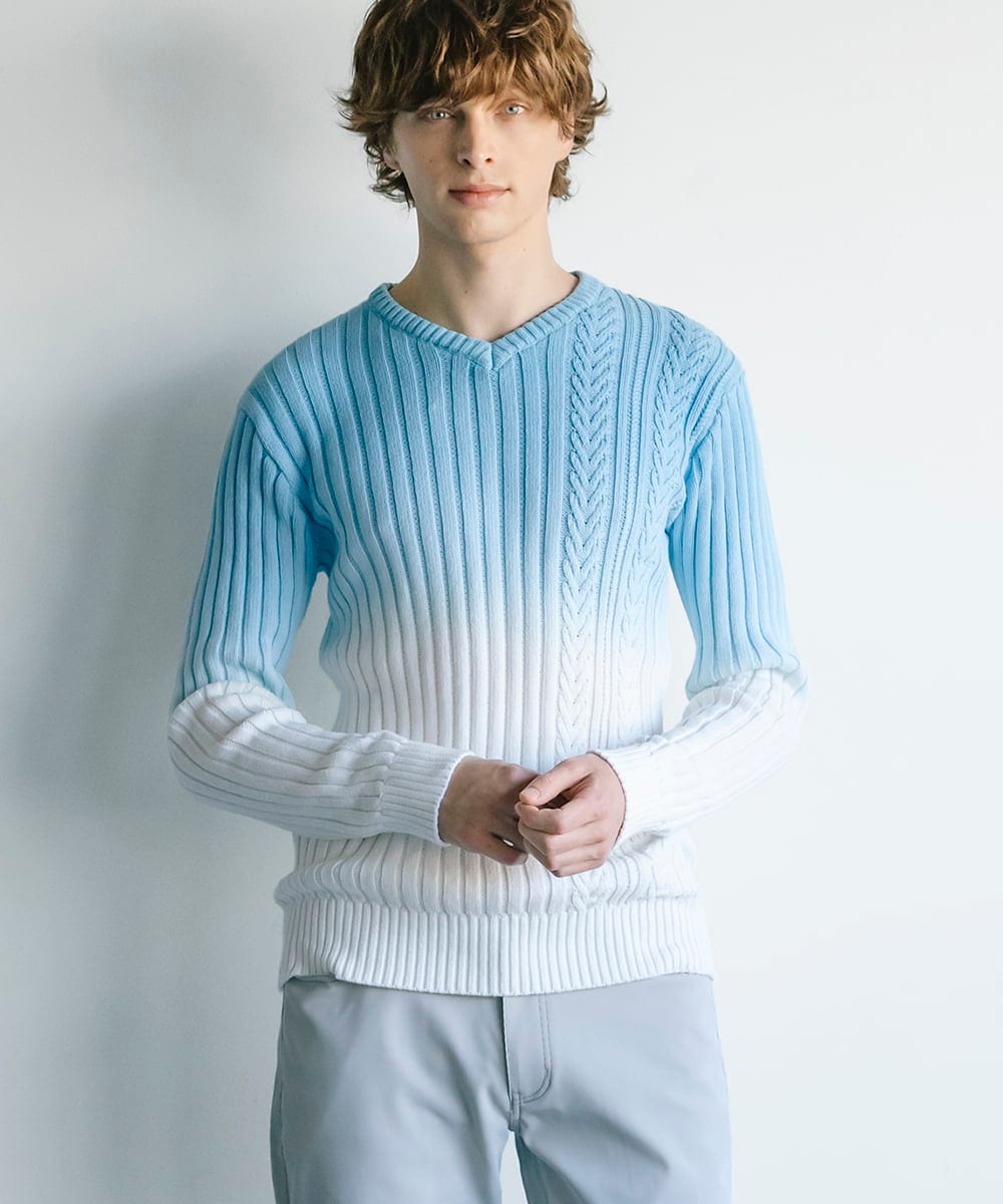 MKFDC42110 MK MICHEL KLEIN HOMME(MKミッシェルクランオム) 【残りわずか/天然素材使用/洗える】グラデーションケーブルニット ライトブルー