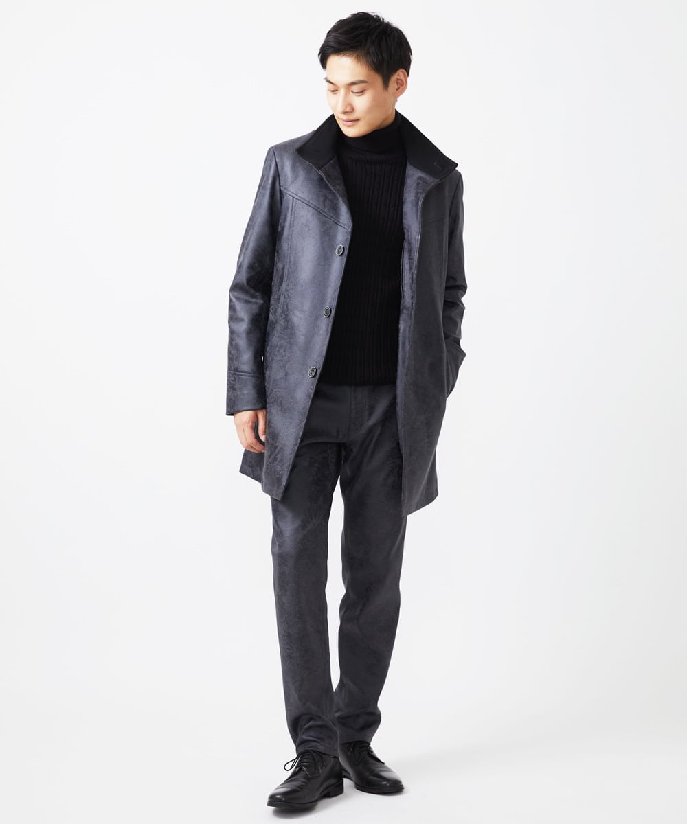 MKUAA61363 MK MICHEL KLEIN HOMME(MKミッシェルクランオム) 【Sサイズのみ！/在庫限り/キルトライナー付き】スタンドコート/TECレザージャージ ブラック