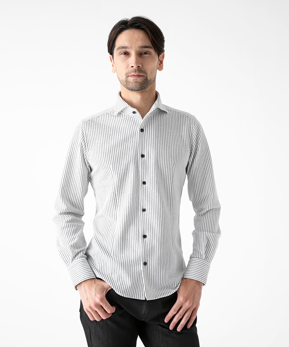 MNBAF55210 MICHEL KLEIN HOMME(ミッシェルクラン オム) 《日本製》ストライプ柄ジャージ長袖シャツ ホワイト
