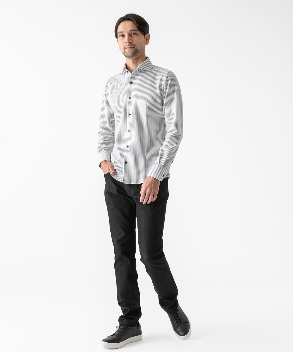 MNBAF55210 MICHEL KLEIN HOMME(ミッシェルクラン オム) 《日本製》ストライプ柄ジャージ長袖シャツ ホワイト