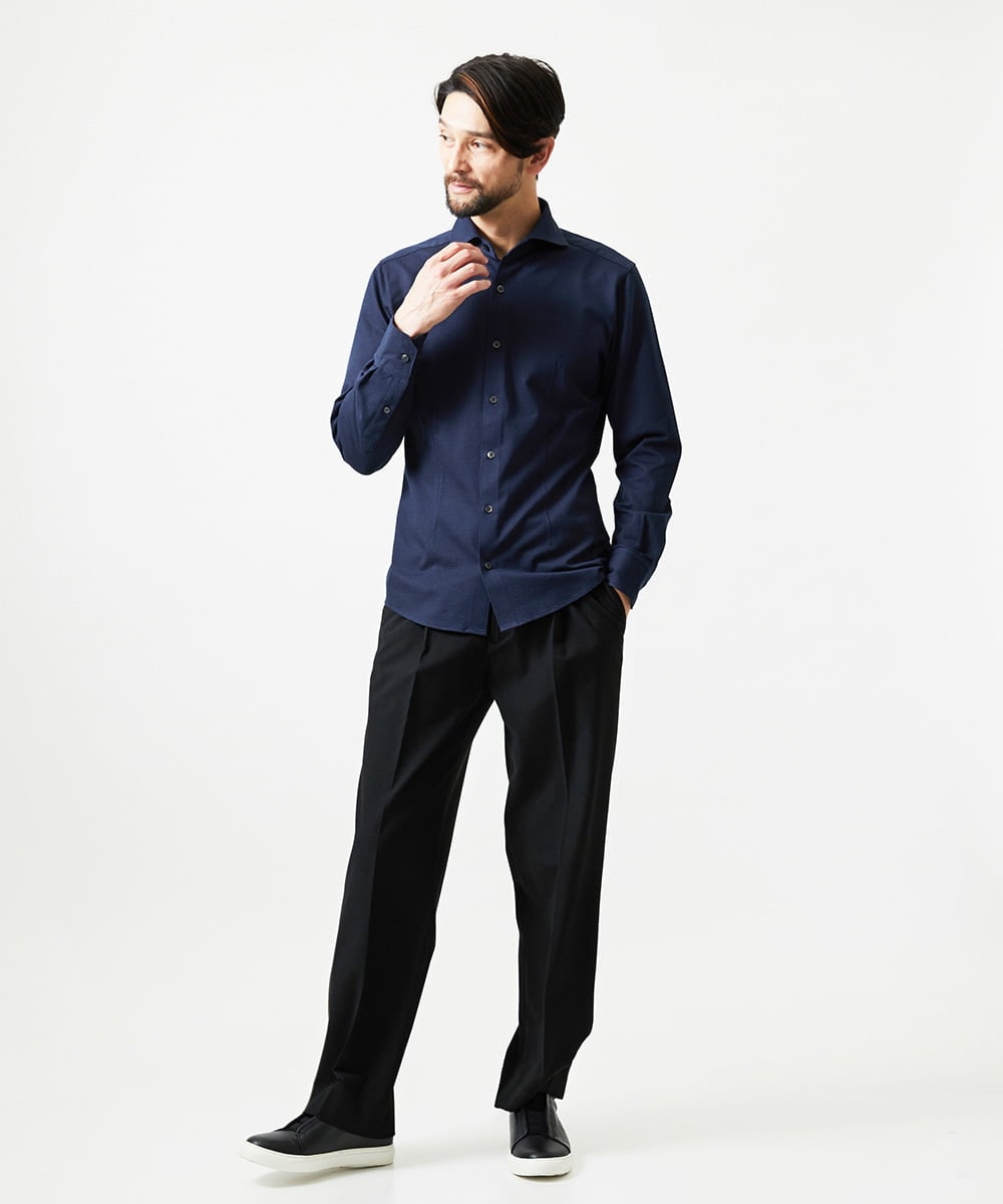 MNBAI02210 MICHEL KLEIN HOMME(ミッシェルクラン オム) 《日本製》ブロックイージーケア長袖シャツ ネイビー
