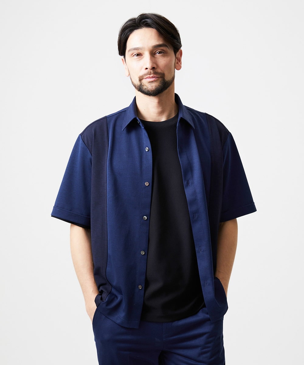 MNBJD63250 MICHEL KLEIN HOMME(ミッシェルクラン オム) 【セットアップ】異素材コンビ半袖シャツ ブルー