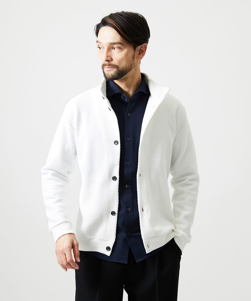 MNCAI50270 MICHEL KLEIN HOMME(ミッシェルクラン オム) ウェーブ柄スタンドカラーボタンカーディガン ホワイト