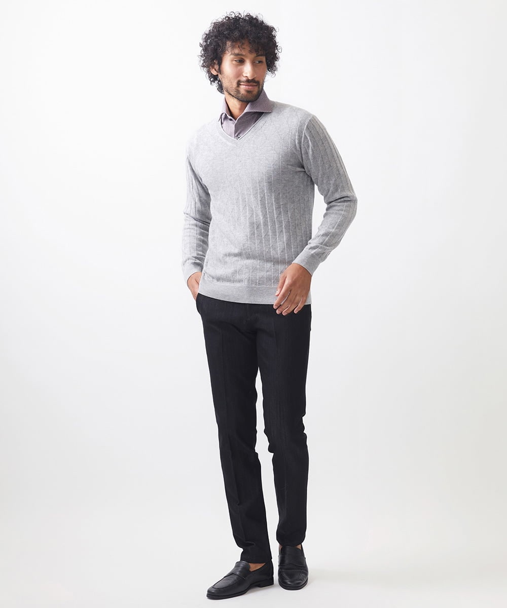 MNFAC55250 MICHEL KLEIN HOMME(ミッシェルクラン オム) ダイヤ柄Vネックニット ライトグレー