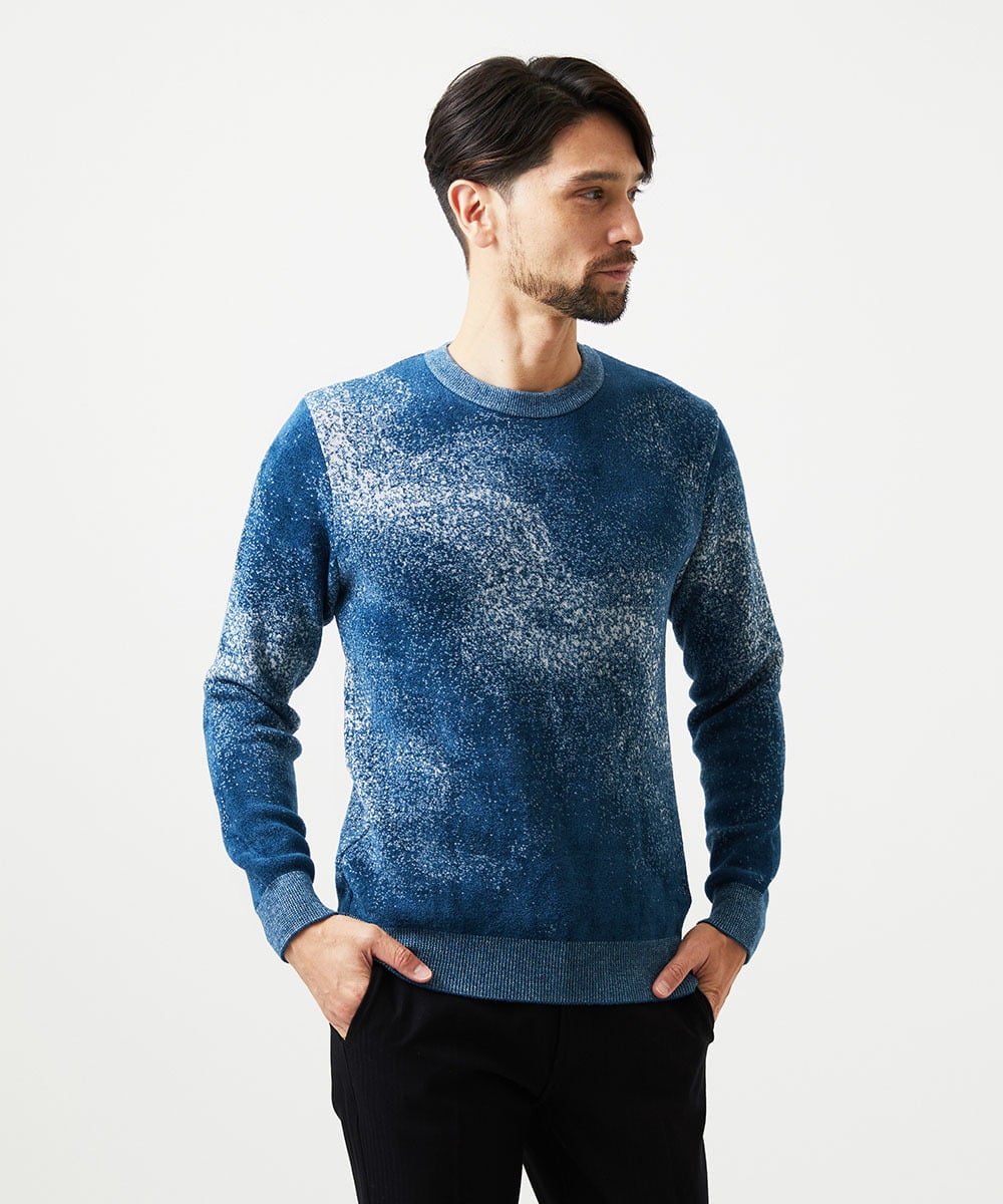 MNFDD62390 MICHEL KLEIN HOMME(ミッシェルクラン オム) 《日本製》スモーク柄クルーネックモールニット ブルー
