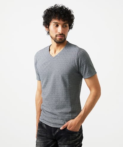 MNKJC50150 MICHEL KLEIN HOMME 《日本製》レンガ柄Vネック半袖カットソー