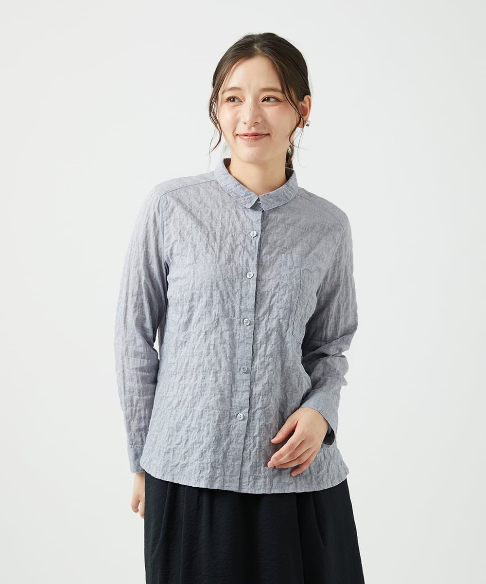 NGBEF14230 GIANNI LO GIUDICE(ジャンニ ロ ジュディチェ) [洗える]シャーリングシャンブレーブラウス ネイビー
