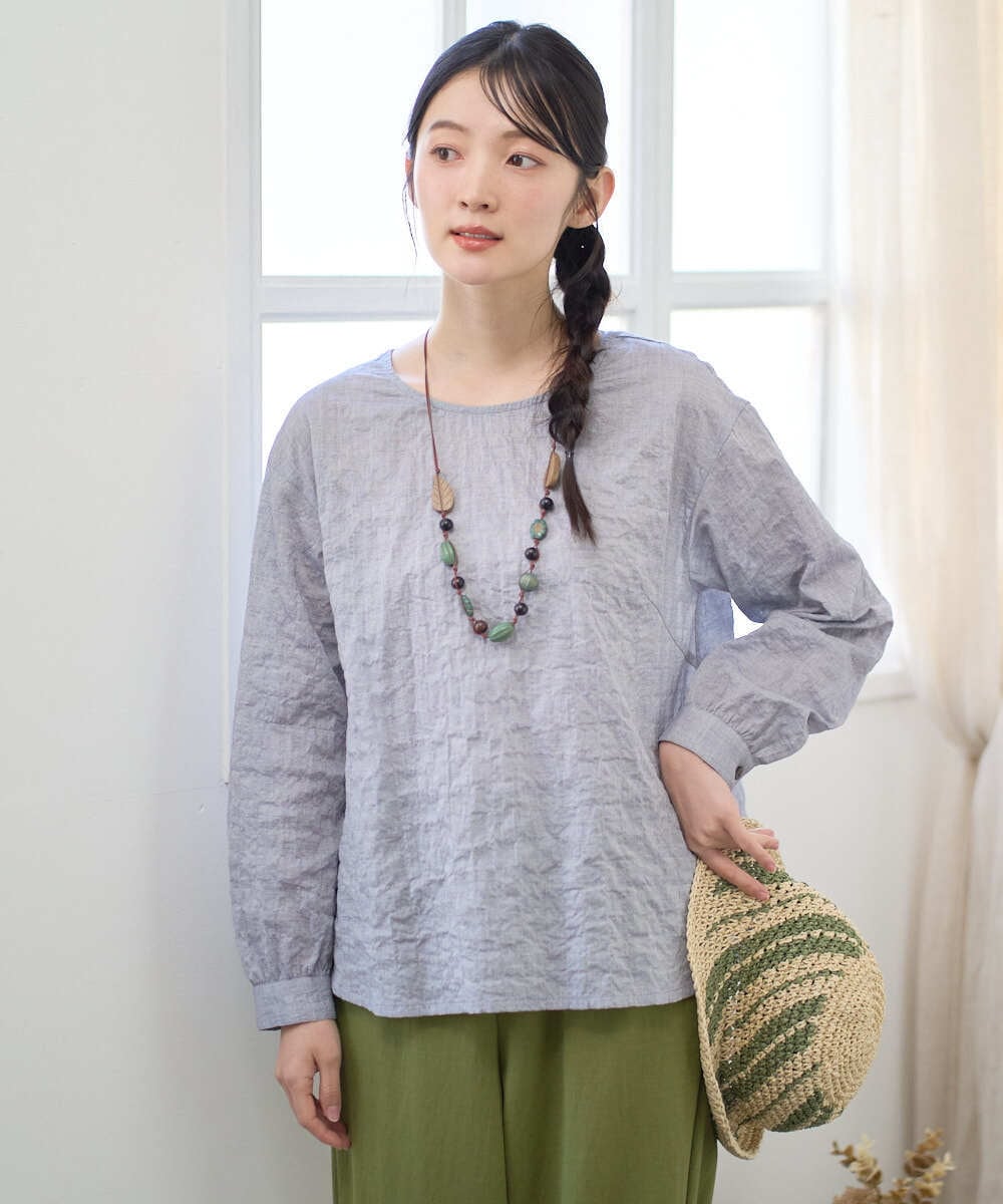 NGBEF19210 GIANNI LO GIUDICE(ジャンニ ロ ジュディチェ) [洗える・日本製]シャーリングシャンブレーブラウス ネイビー