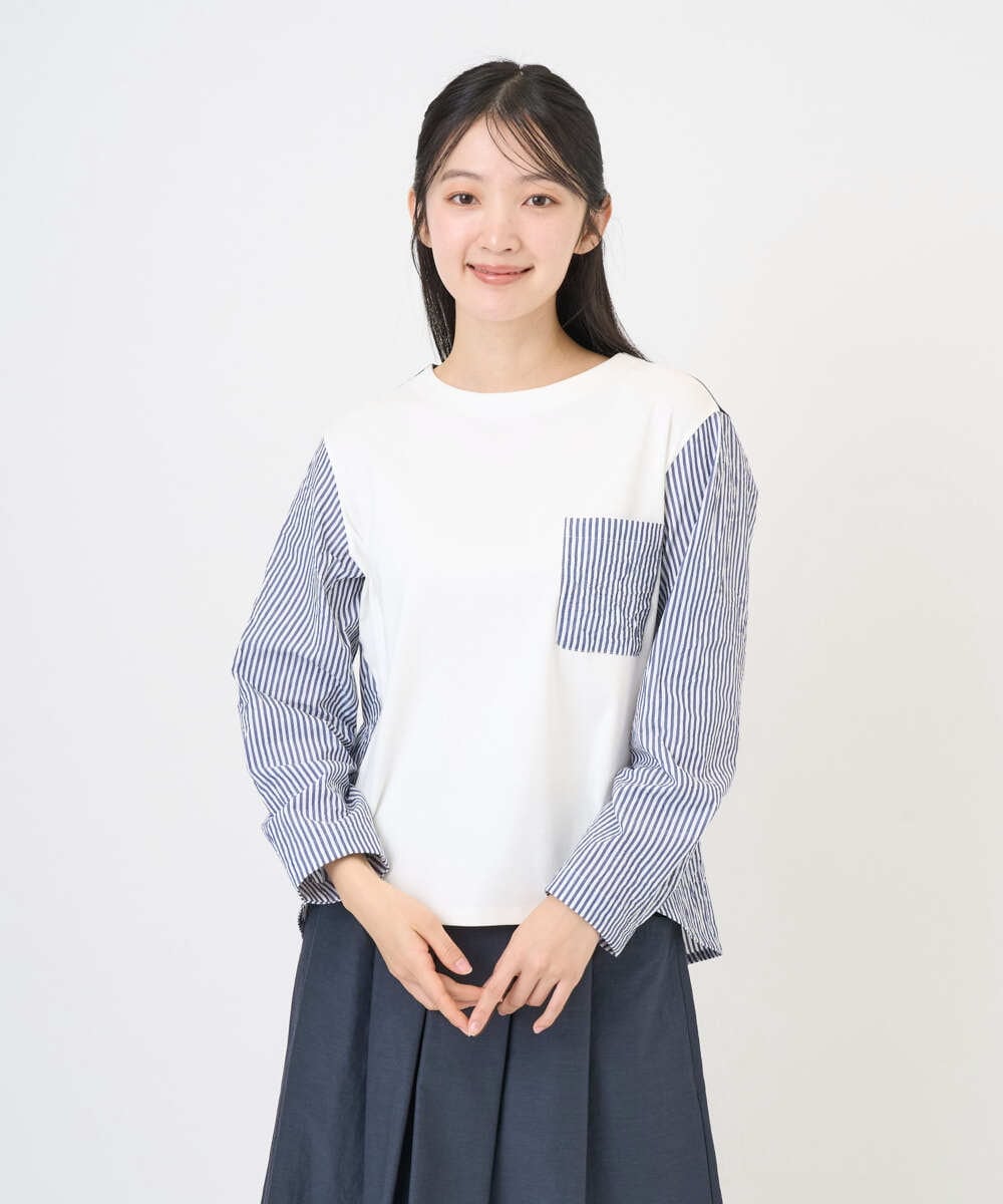 NGBGD20270 GIANNI LO GIUDICE(ジャンニ ロ ジュディチェ) [洗える]ストライプキャッチワッシャーＴブラウス ネイビー×ホワイト