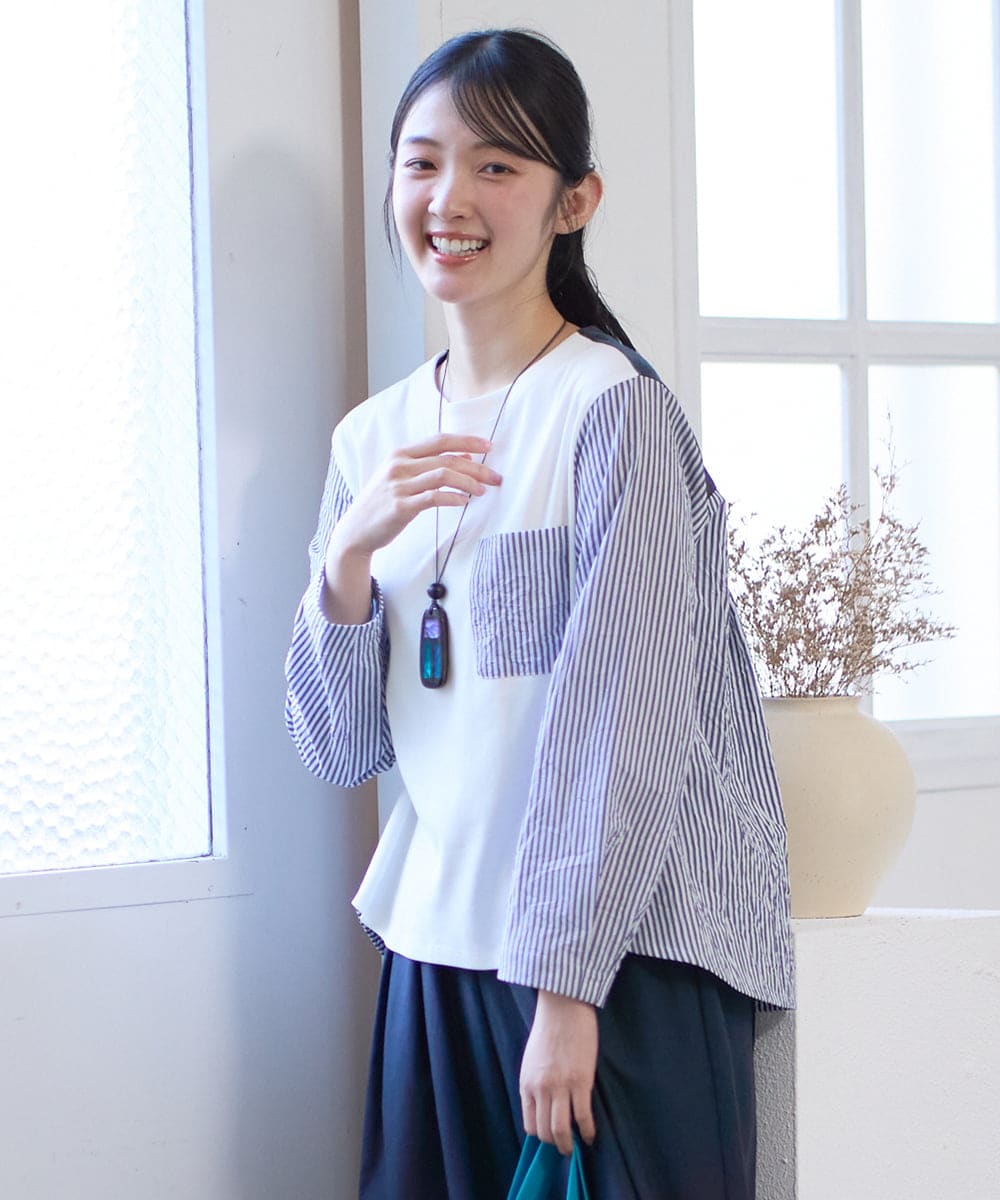 NGBGD20270 GIANNI LO GIUDICE(ジャンニ ロ ジュディチェ) [洗える]ストライプキャッチワッシャーＴブラウス ネイビー×ホワイト