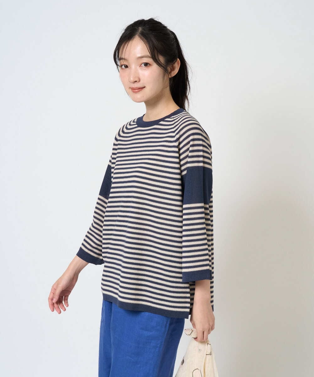 NGFGE40230 GIANNI LO GIUDICE(ジャンニ ロ ジュディチェ) [洗える]ペーパーヤーンボーダーニット ネイビー