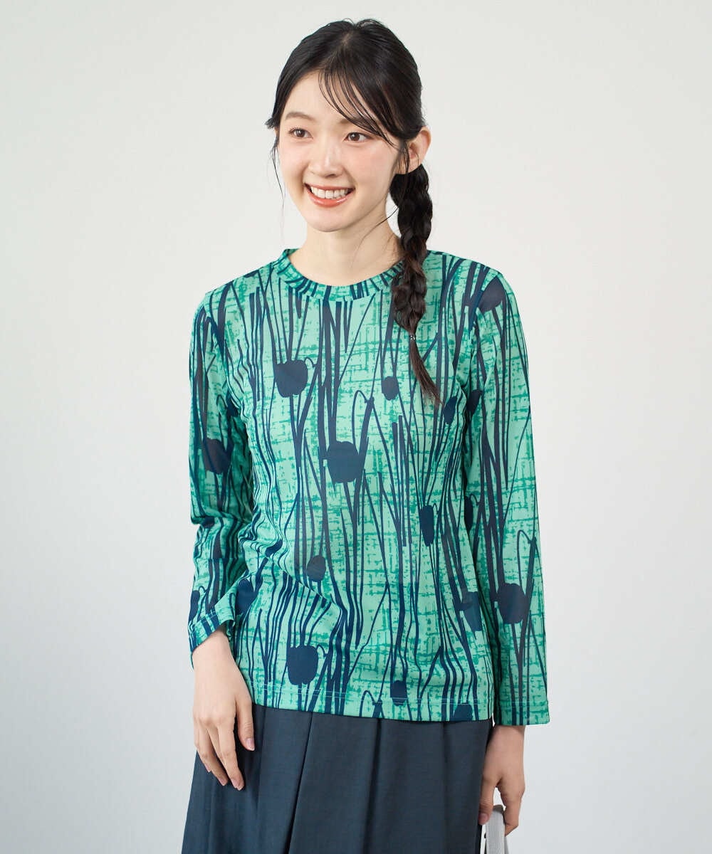 NGKGF32180 GIANNI LO GIUDICE(ジャンニ ロ ジュディチェ) [洗える・日本製]幾何ストライププリントカットソー グリーン×ネイビー